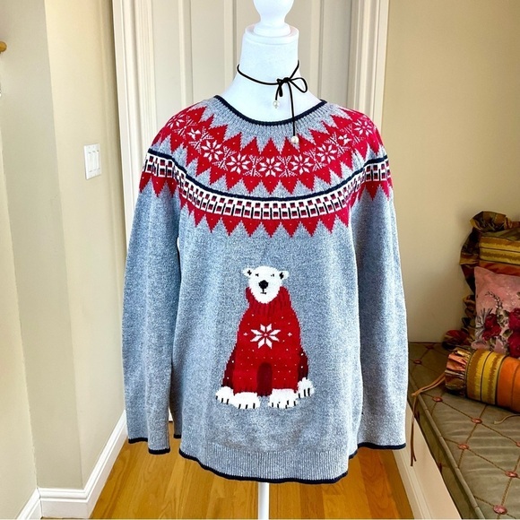 Tommy Hilfiger Sweater Polar Bear Fair Isle Gray Red Multi Cotton Wool (L) - Picture 1 of 6